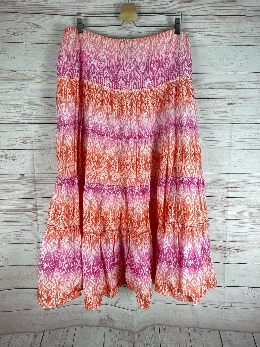 Lauren Ralph Lauren tiered midi skirt Sz 1X pink orange Ombre Ikat Print Boho